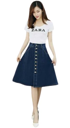 tripursundari fashion Navy Blue Side Pocket Buttoned A-Line Midi Denim Woman Skirt-picture-38