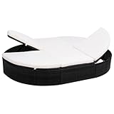 vidaXL Tumbona Doble Redonda de Jardín Hamaca para Dos Personas Cama de Piscina Terraza Exterior Porche Poli Ratán Sintético Negro Cojines Crema