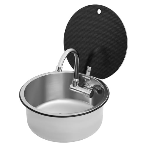 TFGXUE Lavello con coperchio, in acciaio inox 304, con rubinetto pieghevole, rotondo, per camper, yacht, roulotte, Ø 34 cm