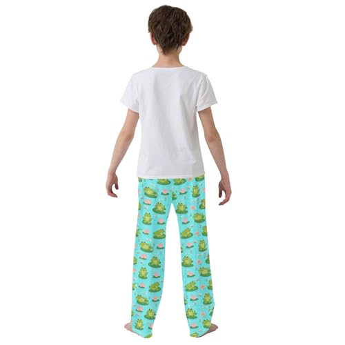 Frog Lotus Floral Boys Long Pants Soft Trousers Elastic Waist Kids Lounge Bottoms with Pockets S-XL3