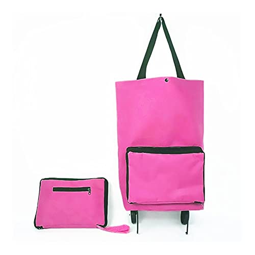 Bolsa de compras plegable grande con ruedas, color rojo rosa, compra alimentos y verduras y organizador