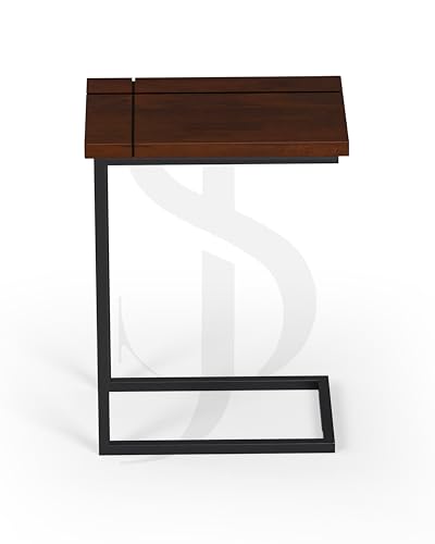 Image of Modern C-Side End Table for Living Room - Mango Wood with Black Metal Frame, Contemporary Sofa Side Table for Bedroom & Office (18L x 11D x 24H Inches) (Walnut Brown)