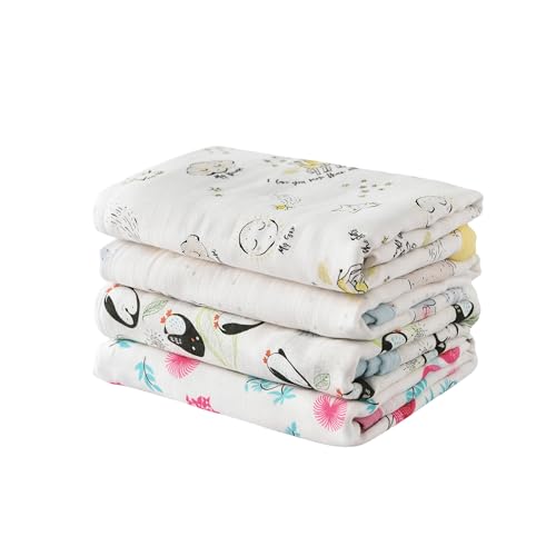 Image of TADO MUSLIN Baby Swaddle Blanket, 4-Pack 47x47 70% Rayon from Bamboo 30% Cotton 4-Layer Muslin Blankets, Large Soft Breathable Receiving Blankets for Newborn Boys Girls