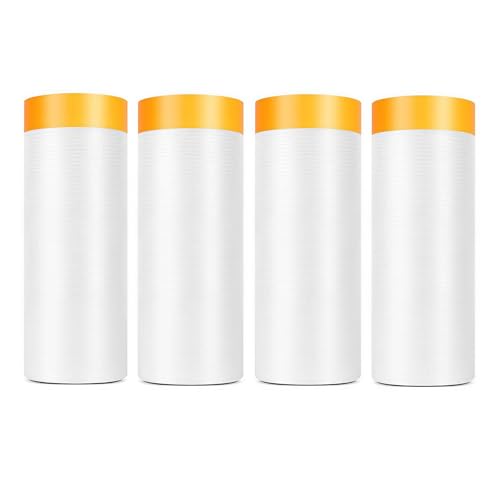 Kisizity 4 rollen abdeckfolie mit klebeband 150cm x 20m selbstklebende malerfolie goldband masker tape abdeckfolie klebeband für schützen sie möbel fahrzeuge und wände vor staub und farbspritzern