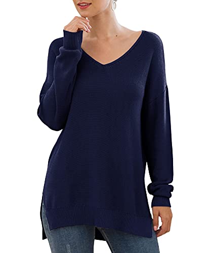 GRECERELLE Pull pour femme - Décontracté - Classique - Uni - Col en V - Manches longues - Pour l'hiver, l'automne, le printemps, 04 Bleu marine, XL Cover