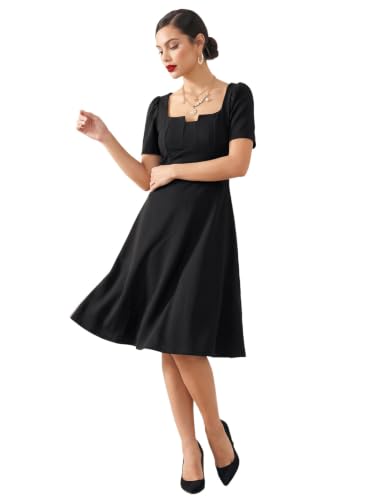 Image of Selvia Women's Black Puff Sleeve Square Neck Fit & Flare Midi Dress