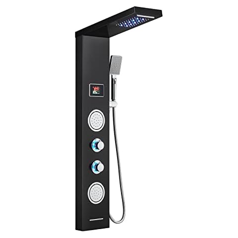 ROVATE Shower Panel Tower System with LED Rainfall Waterfall Shower Head, 5-in-1 LED Stainless Steel Shower Panel System with Round Body Jets, Handheld and Tub Spout, Black Finish Cover