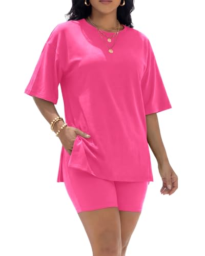 PICKLION Women's Oversized Sets Loungewear Tracksuit Outfit Suits T-Shirt & Shorts 2 Piece Stretch Jersey Summer Casual ROSERED S