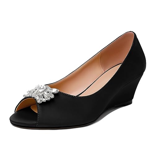 Joseywade Peep Toe Wedges Heels Pumps Low Wedge Heels 2 Inch Rhinstone Womens Slip On Pumps