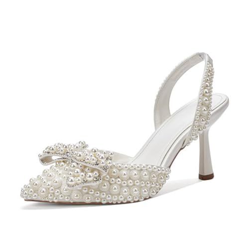 Goolita Bow Pearl Slingback Heels for Women, Pointed Closed Toe Slip On Heeled Sandals Stiletto Heel Evening Bridal Shoes for Wedding