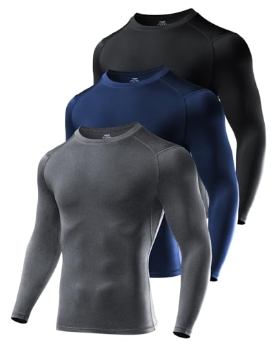 Niksa 3 Packs Long Sleeve T Shirt Men's Muscle Fit T-Shirt Compression Breathable Slim Tops for Gym Work Running Sports Cycling Active Wear Base Layers Black Grey Navy Blue,M