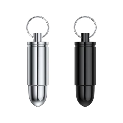 Mini Small Keychain Pill Holder(2 Pack) Portable Aluminium Alloy Pill Box Container for Purse Waterproof Metal Pill Case Vitamin Bottle for Outdoor Camping Travel(Black+Silver)
