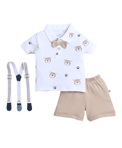 Image of BUMZEE boys Regular Fit Half Sleeves Collar Neck Cotton T-shirt Short Set With Bow Suspender