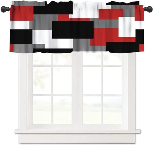 Image of Red Black Grey Geometric Window Valance Curtain, Splicing Geometric Plaid Abstract Square Multicolor Checkered Window Treatment Valances for Kitchen Living Room Cafe Decor 54'x18', 1 Panel