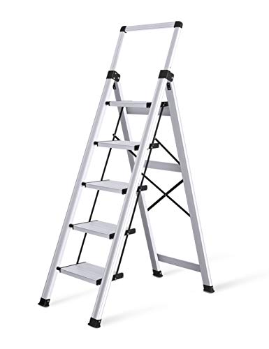 Xinsunho Retractable Handgrip 5 Step Ladder Safety Wide Pedal Step Stool Aluminum 300lbs Capacity Slim Design Ladder