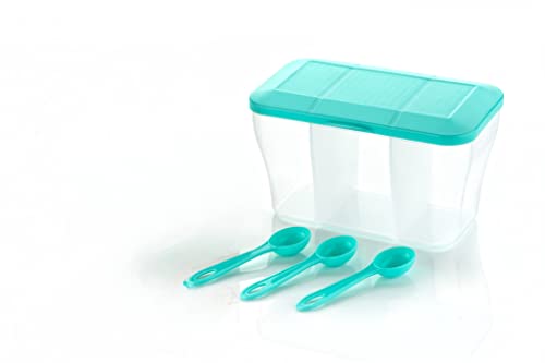 Image of HAPPI Multipurpose Plastic 3 In 1 Masala Box for Kitchen, Spice Boxes for Kitchen, Transparent 3 Section Storage Containers Airtight Dry Fruits Dabba 1100 Ml with 3 Spoons(Sea Green)
