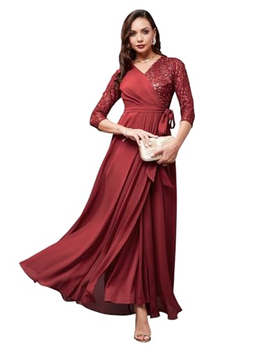 Image of Miss Chase Women's Floral Printed Relaxed Fit V-Neck 3 /4th Sleeve Maxi Dress