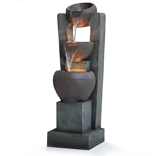 Garden Fountain Outdoor with LED Lights – Indoor Modern Cascading Floor-Standing Waterfall Feature Fountains for Garden,Deck, Patio, Porch, Yard and Home Art Décor Brown