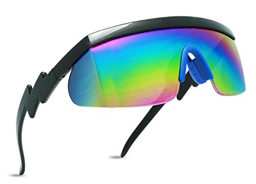 ShadyVEU Semi Rimless Neon Rainbow Mirrored Lens Sports Performance Sunglasses Black Half Frame ZigZag Arms Blue Nose Pads