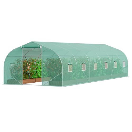 VEVOR Serre Tunnel Jardin, 900x300x200 cm, Tente Abri Plantes Toit Pointu, Cadre Acier Galvanisé, Couverture PE Verte, Porte à Glissière Enroulable, 12 Fenêtres, pour Extérieur Cultiver Légumes Fleurs