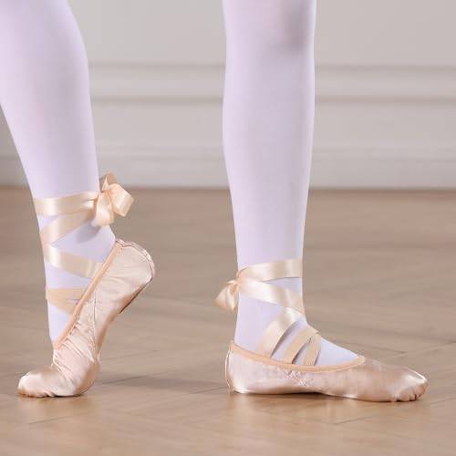Ballet Shoes for Girls, Pink Ballet Slippers Split Sole Satin Women Dance Shoes Flats with Ribbon for Yoga Gymnastics Performance3