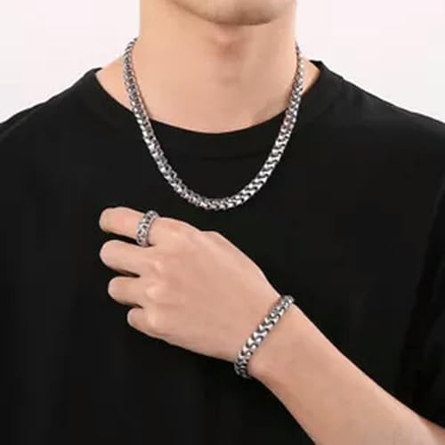 Conjunto de joyas para hombres con collar de cadena de luna plateada y anillos de 9 mm