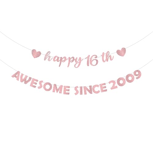 Rose Gold Happy 16th Birthday Banner, Pre-Strung Giltter Awesome ...
