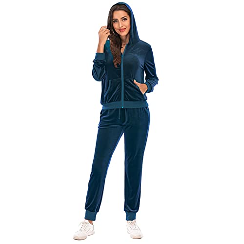 SotRong Conjuntos de terciopelo para mujer, chándal de terciopelo informal con capucha, traje deportivo de 2 piezas, azul marino, M Cover