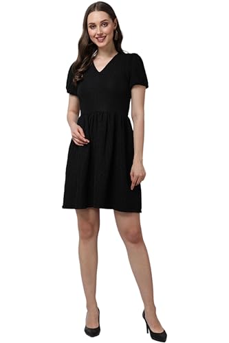 Image of POPWINGS Casual Self Crush Design Solid Knee Length Blouson Peplum Dress for Women || Stylish Summer Dress for Women || Knee-Length Dress for Women || V-Neck Dresses for Women