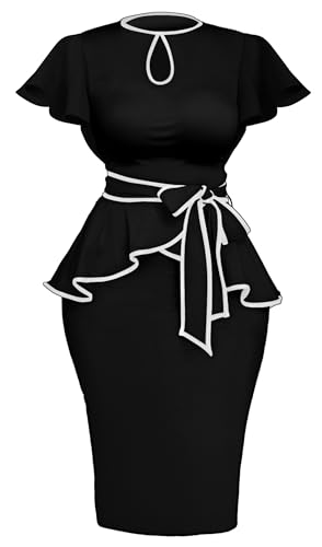 Image of Women's Vintage Bodycon Church Ruffle Sleeve Ruched Dresses Work Midi Pencil Dress