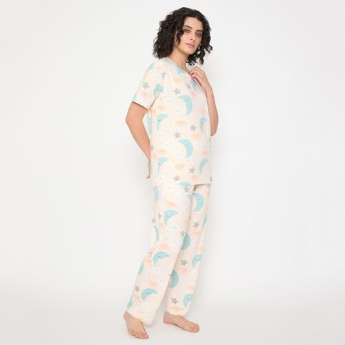 Image of CAMEY Women's Printed Pyjama Set, Short Sleeve T-Shirt and Trousers, Women Nightsuit, Loungewear Sets