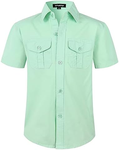 Spring&Gege Boys Western Short Sleeve Button Down Shirt Soft Cotton with Two Chest Pockets Solid (5-14 Years)