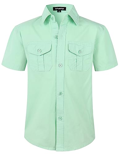 Spring&Gege Boys' Short Sleeve Button Down Shirts for Kids Woven Solid with Two Pockets, Aqua, 5-6 Years