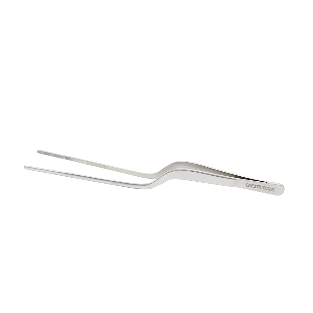 Creativechef Silver 8-Inch Ergonomic Stainless Steel Tweezers, Precision Plating Tweezers Tongs For Food And Repairing