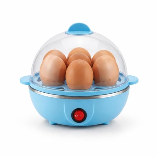 Image of Smart Deal Hub Electric Egg Boiler, 7 Egg Capacity, One-Touch Operation, Stainless Steel Heating Plate, Transparent Lid, Blue, Compact Kitchen Appliance