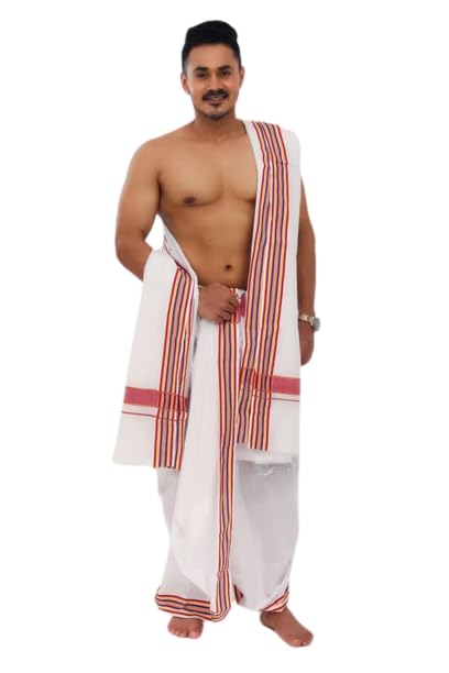 ethazh 9 * 5 White Dhoti with Matching Border Angavastram Set Collection-picture-52