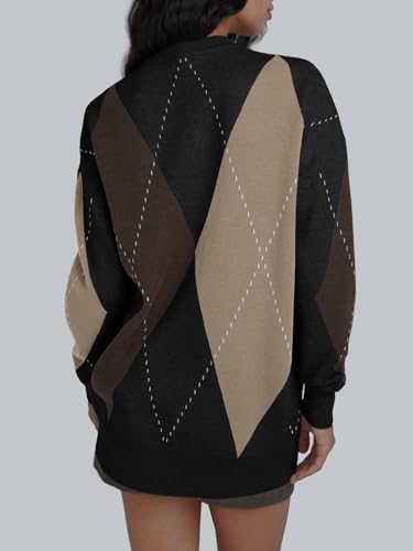 Trendy Queen Women's Color Block Argyle Plaid Oversized Chunky Knit Crewneck Sweaters 20254