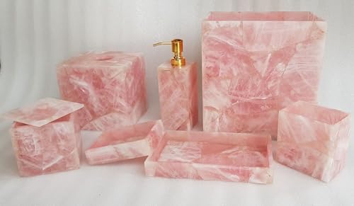Juego de baño de cuarzo rosa I Hotel Bath Set de 7 piezas I Kit de baño de cuarzo rosa I Accesorios de baño I Bandeja de toalla de cuarzo rosa I Caja de cubo de basura de cuarzo I Caja de bolas de