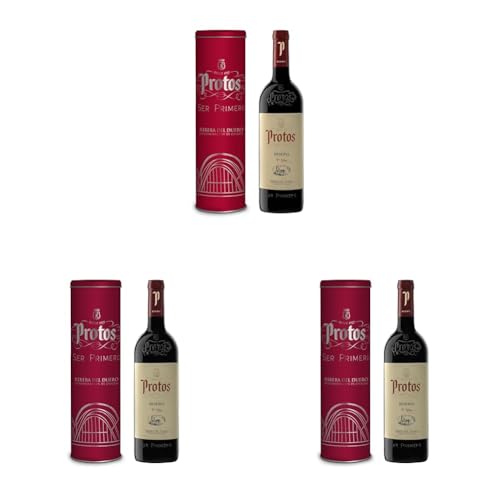 Protos Vino Tinto Reserva Denominación de Origen Ribera del Duero, Variedad Tempranillo, Botella individual con cánister de 750 ml, Estuche regalo (Paquete de 3)