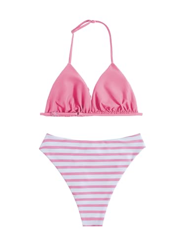 Image of RoseSeek Girl's 2 Piece Swimsuits Floral Gingham Halter Triangle Wireless Bikini Bathing Suit