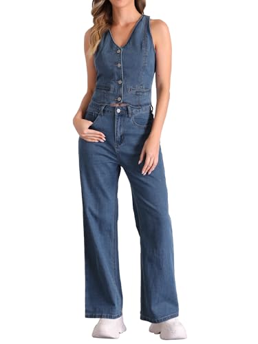 Allegra K 2 Piece Outfits Denim Set for Women's Sleeveless Button V Neck Denim Vest Waistcoat Wide Leg Jeans