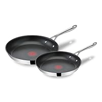 Tefal Jamie Oliver Cooks Direct Stainless Steel Non-Stick Pancake Frying Pan Set, 20 & 28cm, Heat Indicator, Safe-Grip Riveted Handle, Induction Compatible, E304S244