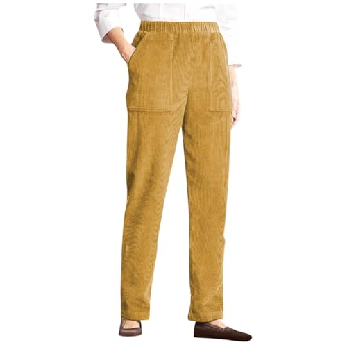 Corduroy Pants Women Casual High Waist Elastic Straight Leg Pants Plus Size Loose Comfy Vintage Trousers with Pockets（1-Yellow,XX-Large）