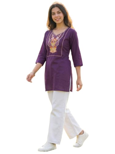 Image of Cotton Blend Embroidered Straight Kurta for Women | Cotton Blend | 3 /4 Sleeve | Round Neck V-Slit | Ethnic Wear Casual Wear