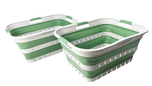 Image of SAMMART 42 (11 Gallons) Collapsible Plastic Laundry Basket, Foldable Pop Up Storage Container /Organizer, Space Saving Hamper, Portable Bin for Dorm Room Bathroom (2, Grey /Dark Sea Green)