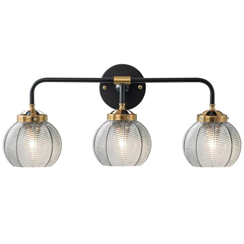 Image of Black Bathroom Light Fixtures 3-Lights Vintage Vanity Wall Sconce Over Mirror with Ribbed Smoky Gray Globe Shade Mid Century Modern Lights Fixture Art Deco Farmhouse Vanity Lighting