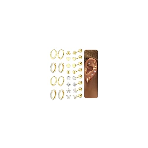 Diamday 12 Pares Pendientes Mujer Acero Quirúrgico Dorados Piercing Oreja Aro Plata Helix Cartílago Tragus Pequeños Aros Juego Múltiples Piercings Hipoalergénicos