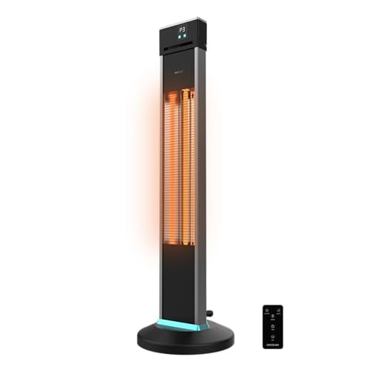 Cecotec Calefactor Eléctrico de Exterior de Torre ReadyWarm 2000 Power Tower. 2000 W en 3 Niveles, Tecnología Halógena, Protección IP34, Mando a Distancia y Display, Área de Cobertura 10 m2