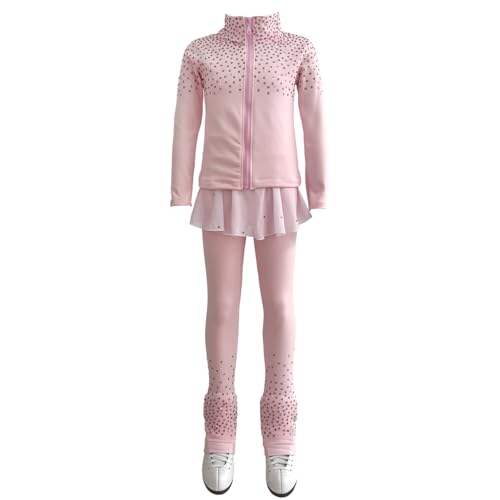 JoyCan Girls' Starry Sky Pink Figure Skating Training Set with Velvet Warmth and Shining Training Dress with Skirt