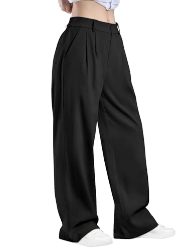 Glacspyg Damen Herbst und Winter Hohe Taille Freizeithosen Hochdichter Polyester Elasthan Stoff Business Arbeitshosen Glatte Elegante Weite Hosen mit Taschen Schwarz S